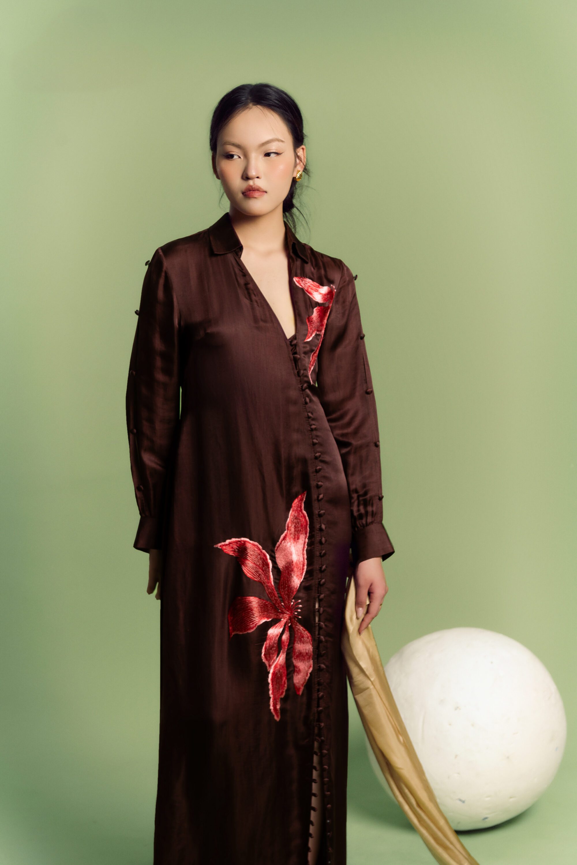 Mocha Silk Dress with Delicate Flowers