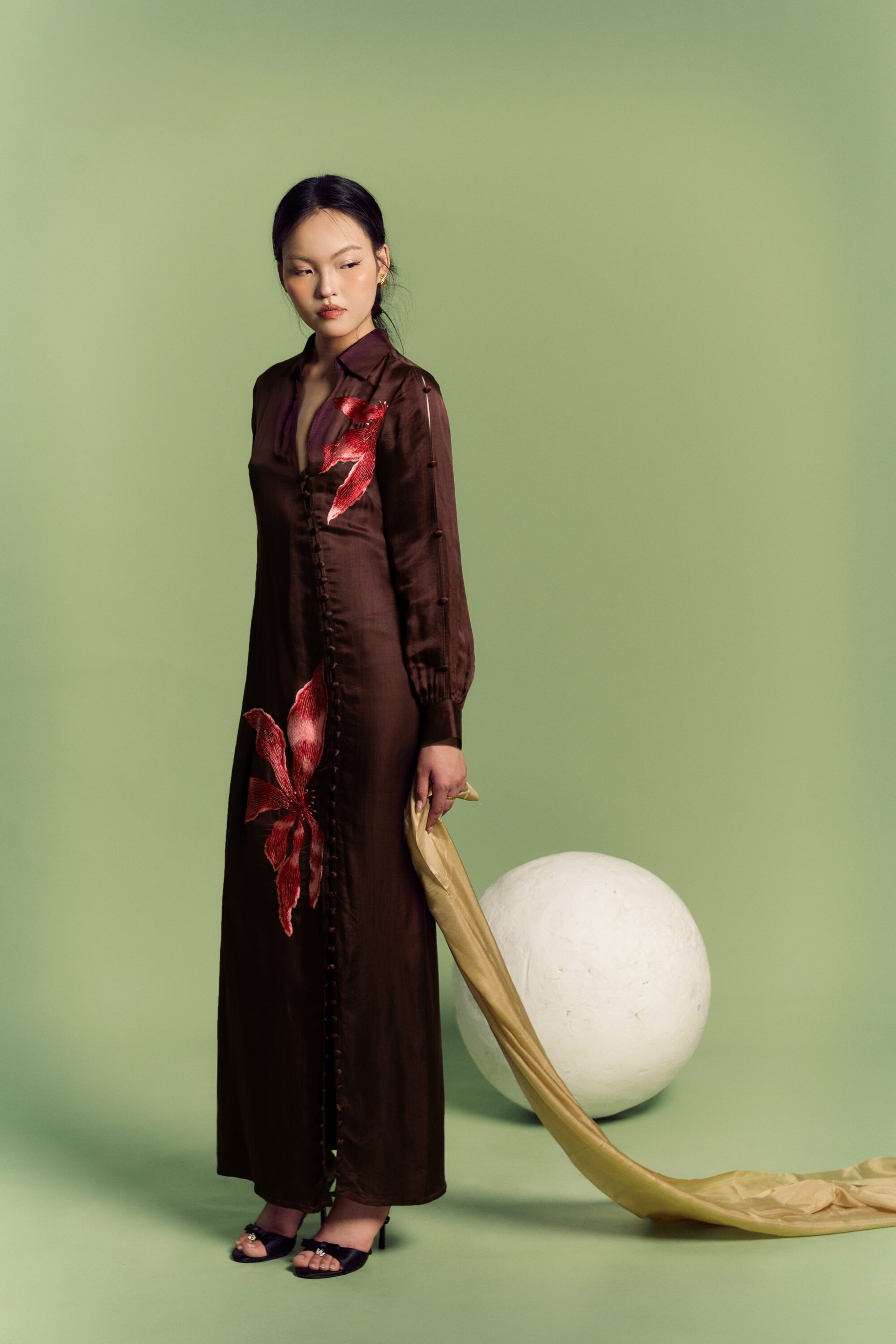 Mocha Silk Dress with Delicate Flowers