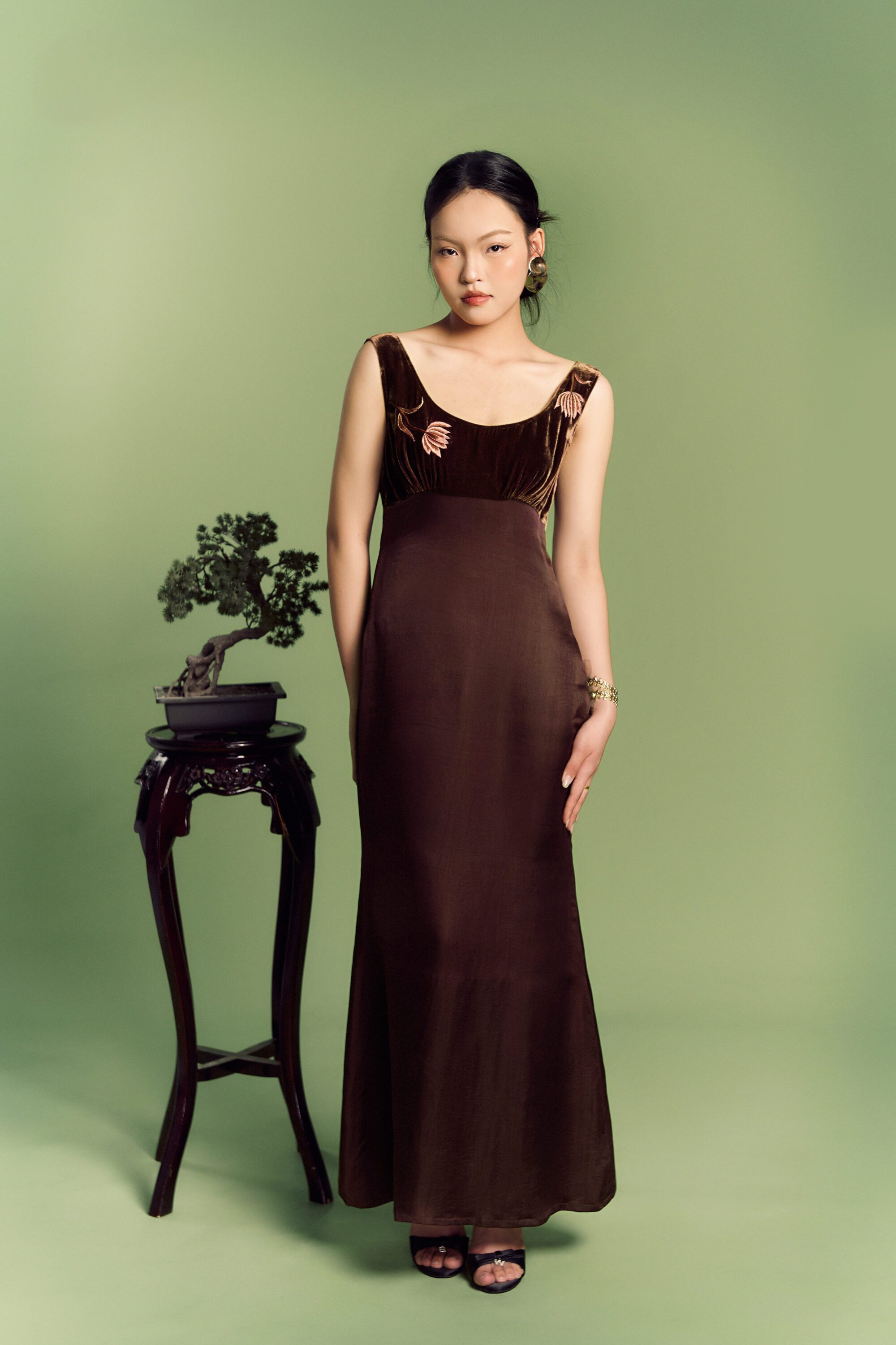 Silken Brown Dress with Blossom